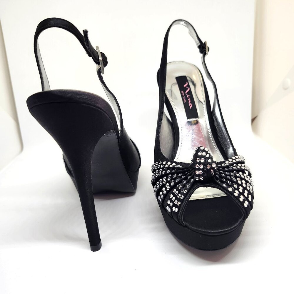 Nina Women's Black Open Toe Heel W/Silver Stones Size 7.5, 8.5, 9, 9.5, & 10